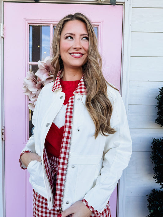 Teacup Gingham Barn Jacket - Ivory Red Gingham