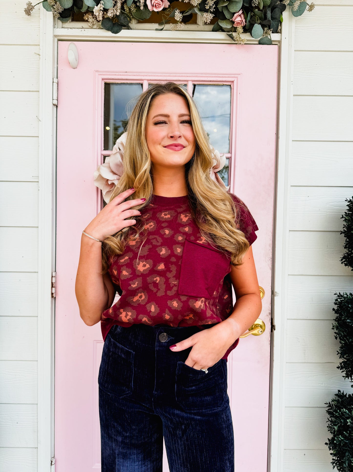 On To The Next Animal Print Cap Sleeve Top - Burgundy