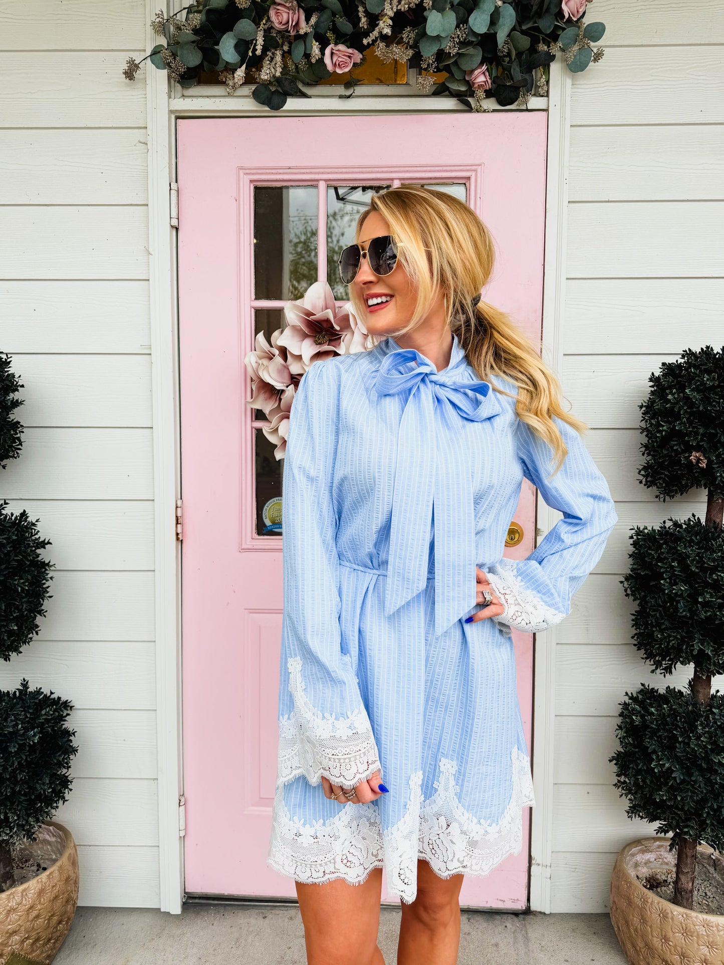 Victoria Neck Tie Lace Trim Stripe Mini Dress - Light Blue/White