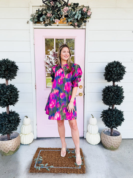 Saturday Night Printed Puff Sleeve Dress - Magenta