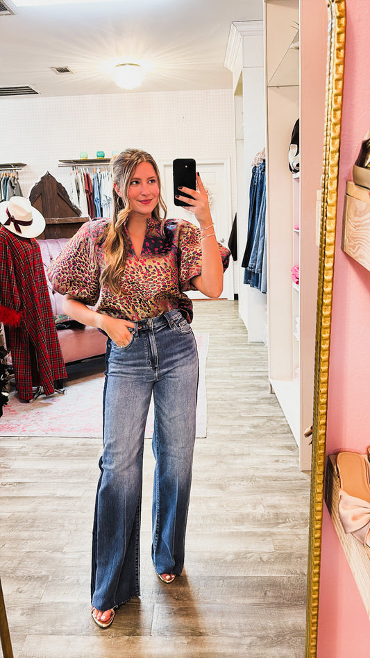 Shining Star Metallic Detail Bell Sleeve Top - Purple