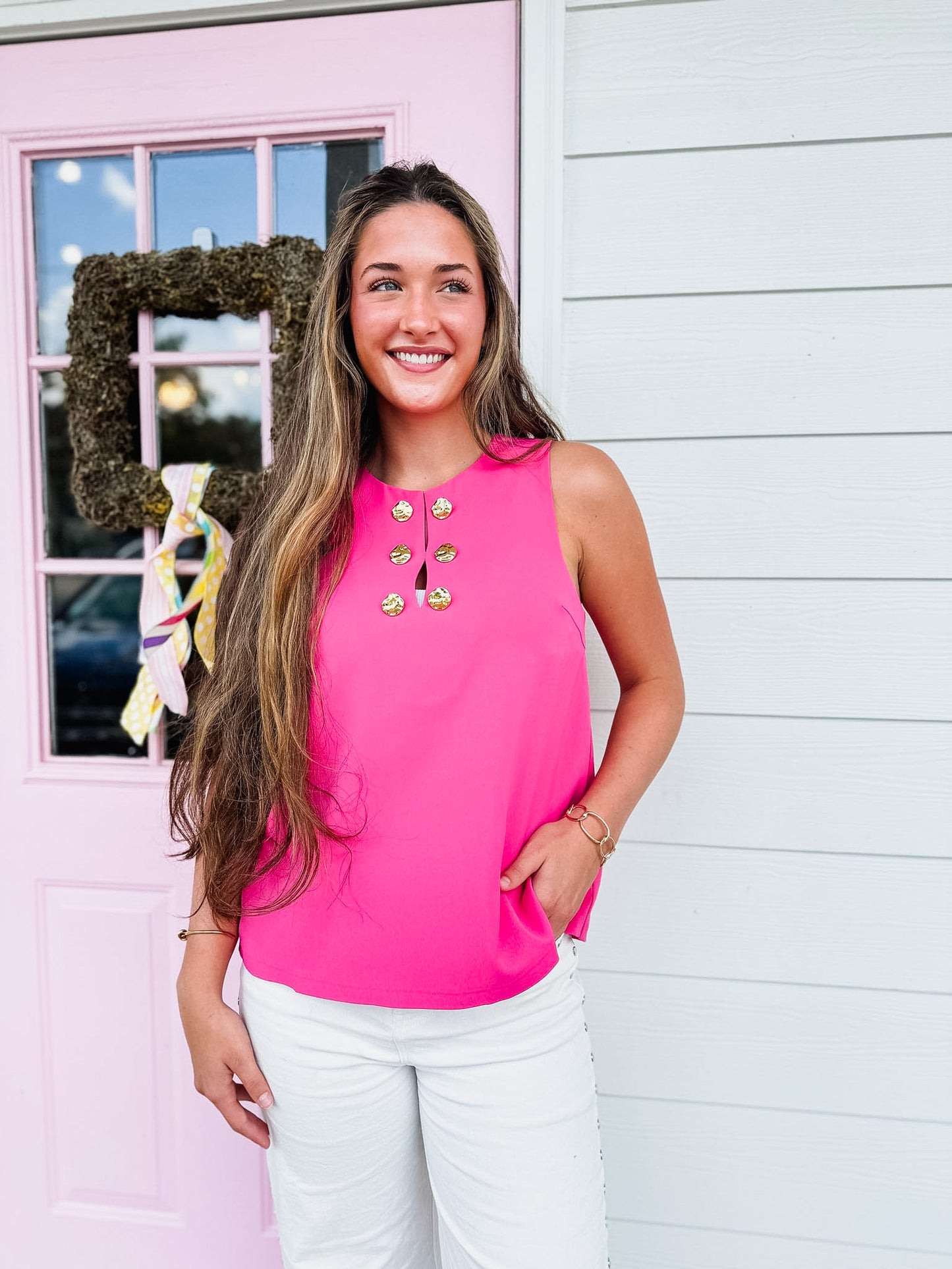 Classy Lady Gold Accented Sleeveless Keyhole Top - Hot Pink