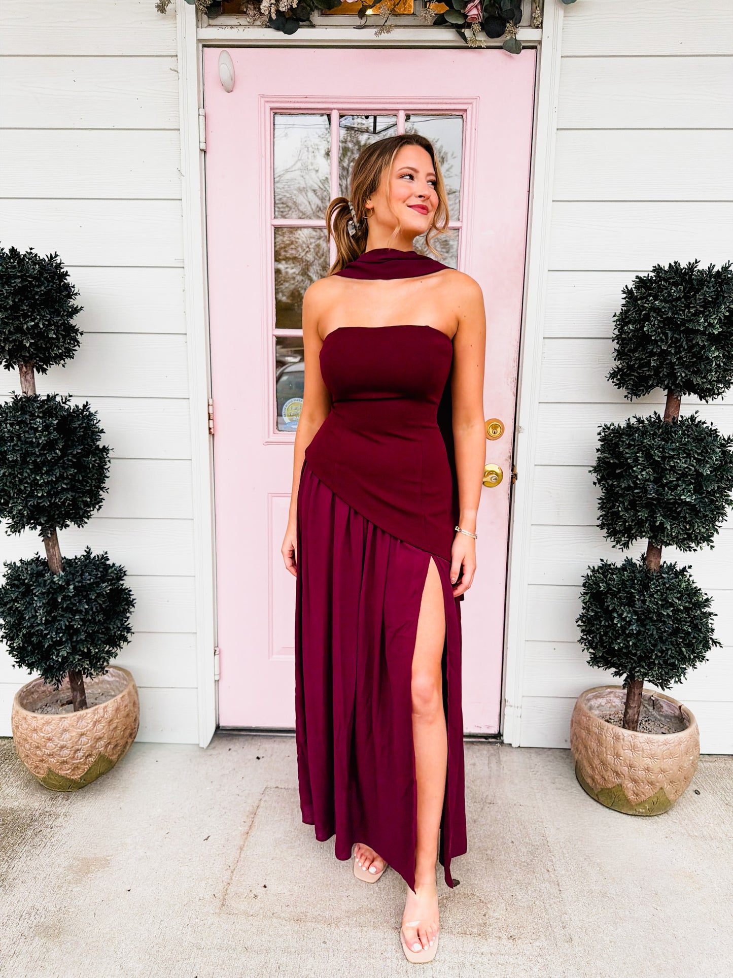 Mood Booster Gathered Maxi Dress with Scarf - Wine