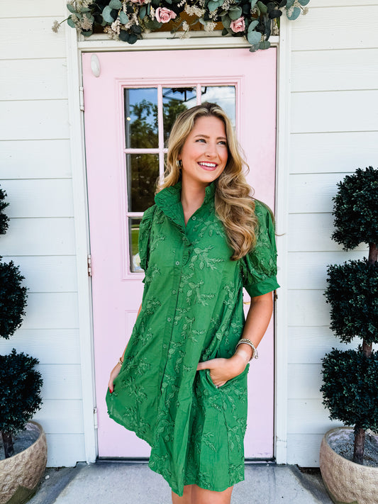 Secret Garden Applique Button Dress - Forest