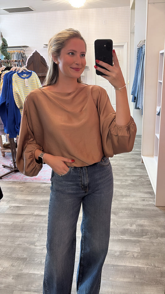 Hope Floats Silk Boat Neck Blouson Top - Cafe