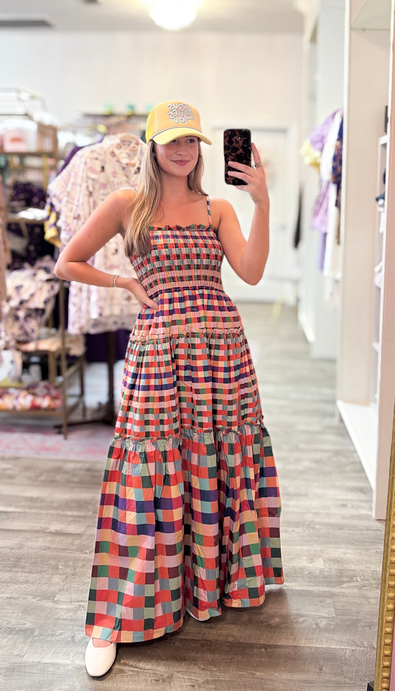 Major Move Smocked Bodice Plaid Tiered Maxi Dress - Multi