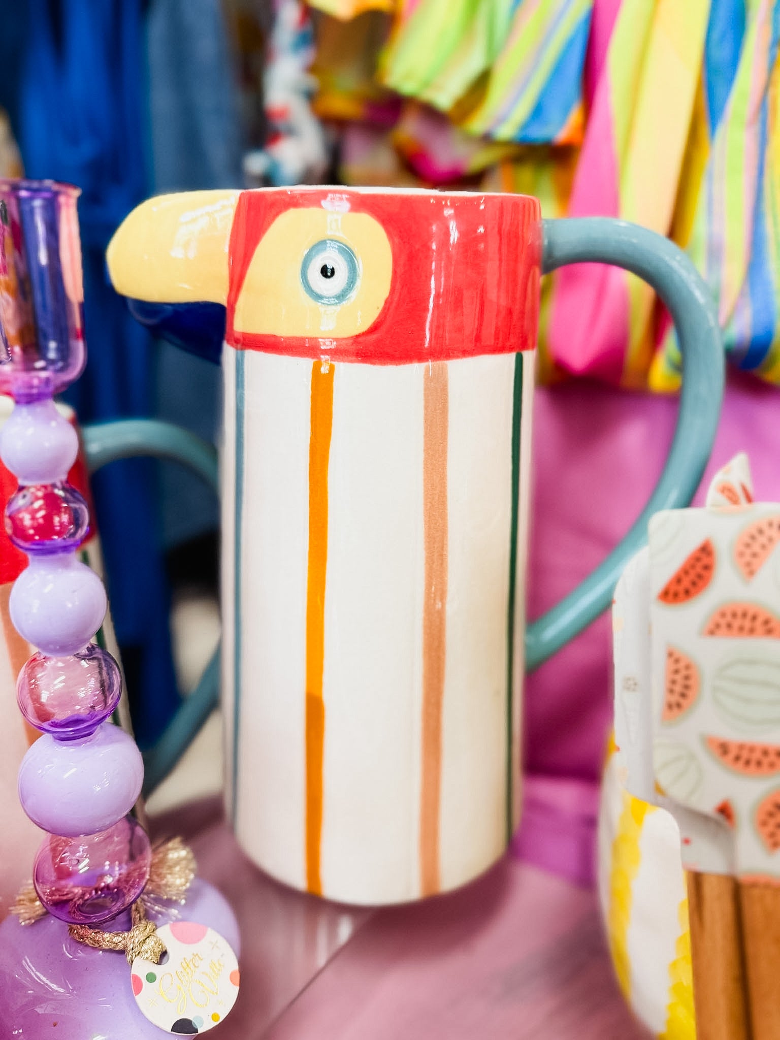 Stoneware Tucan Striped Pitcher - Thumbnail 2