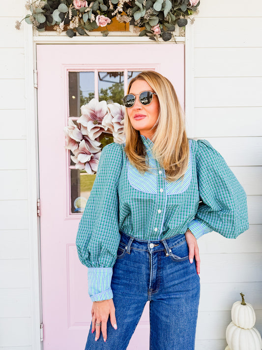 Wipe Away Tie Neck Accent Button Down Plaid Blouse - Green Mix