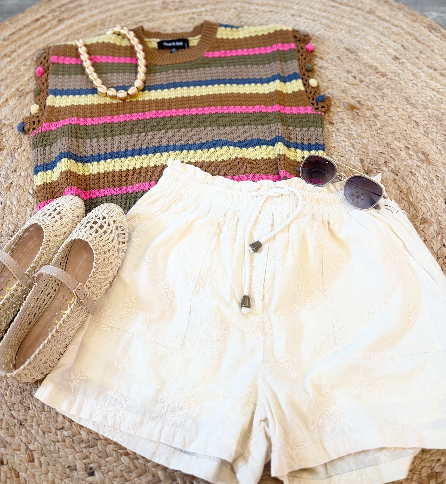 All Over Striped Sleeveless Knit Sweater with Pompom Trim - Olive Brown Multi