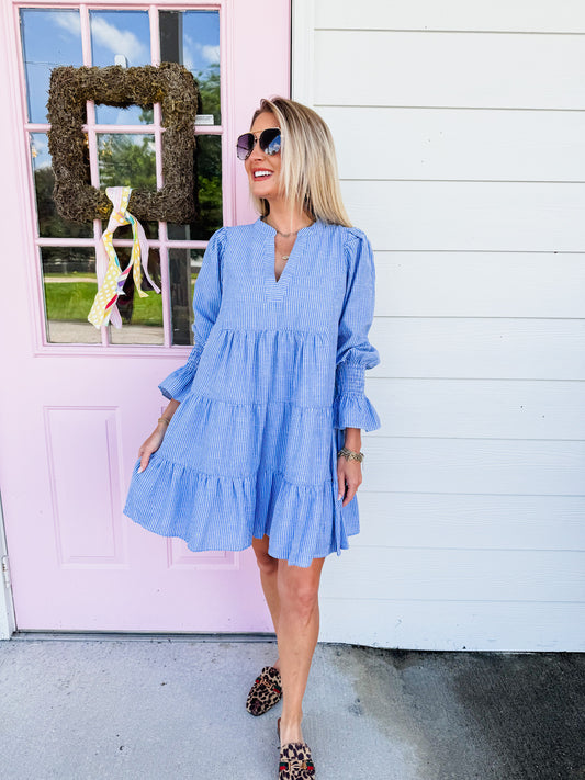 Light Steps Stripe Babydoll Mini Dress - Blue/White