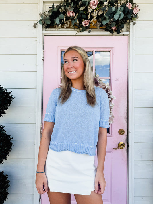 Unwind Short Sleeve Round Neck Sweater - Blue/White