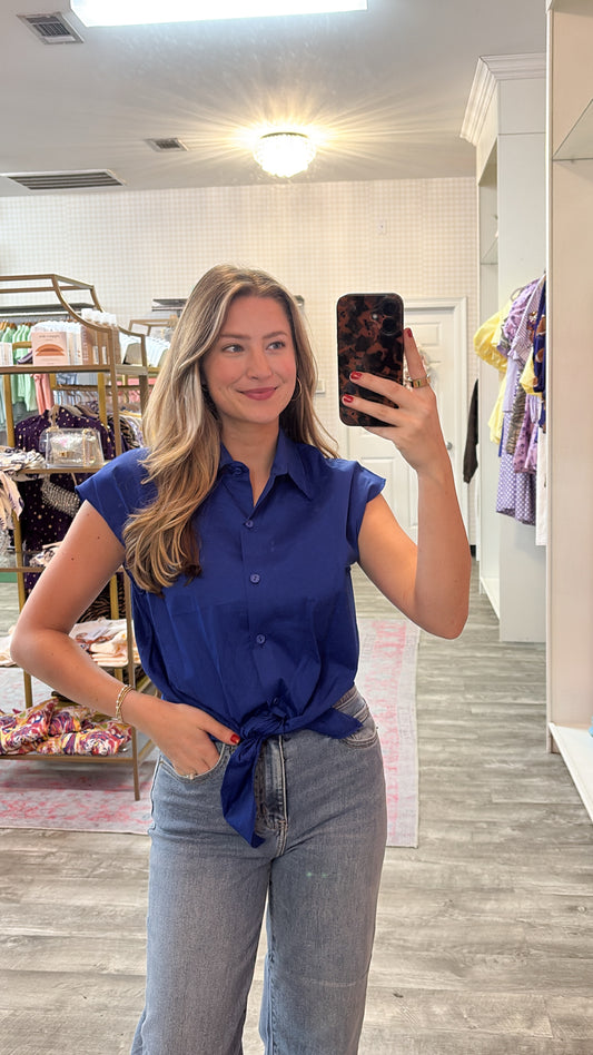 Pride Strong Sabine Button Up Collar Tie Front Top - Royal