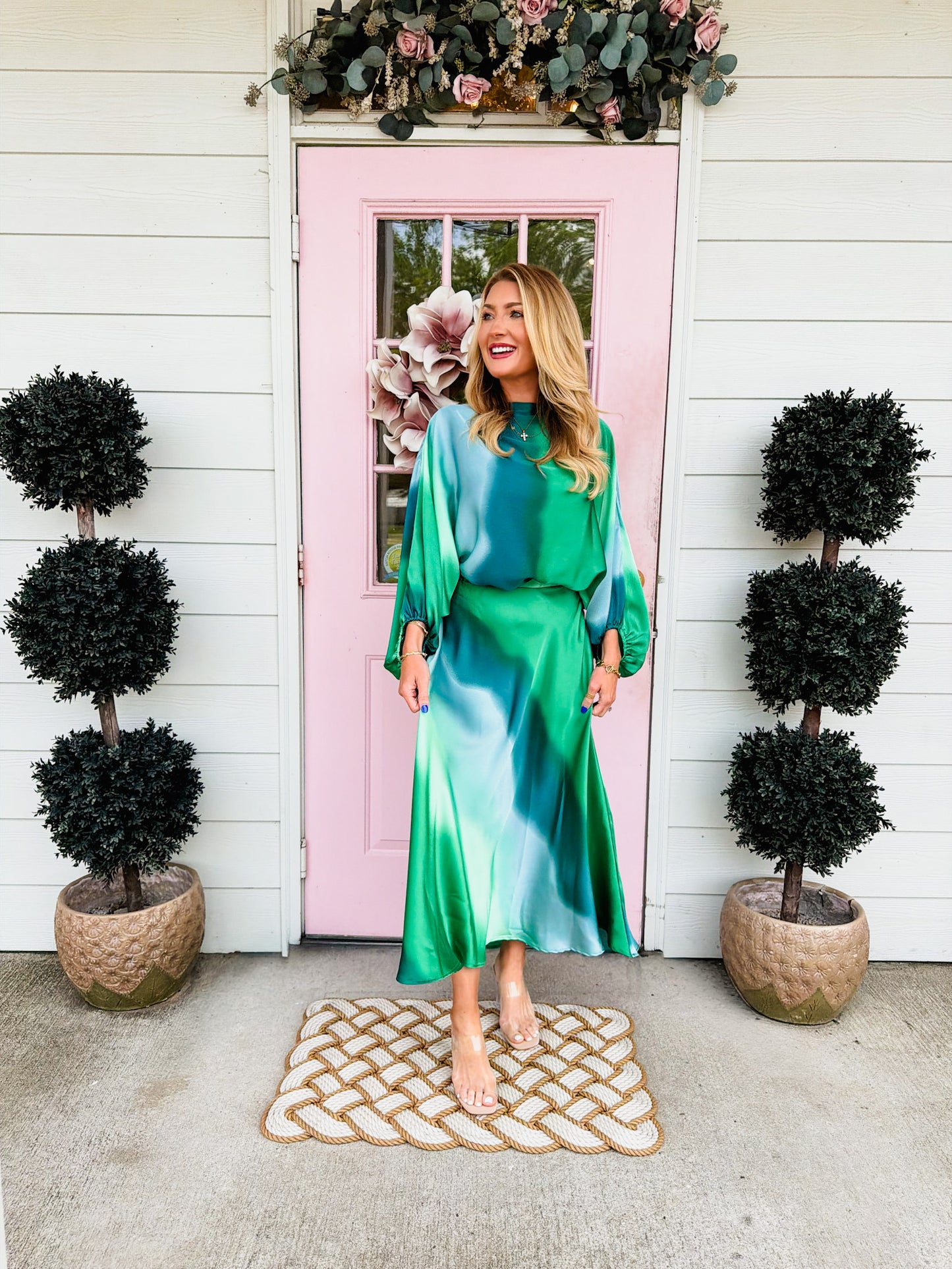 Main Character Ombre Satin Midi Swing Skirt - Green