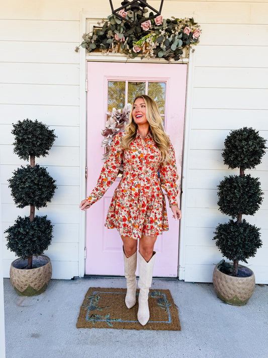Believe It cream multi floral button-down shirt dress by FATE with a matching waist tie