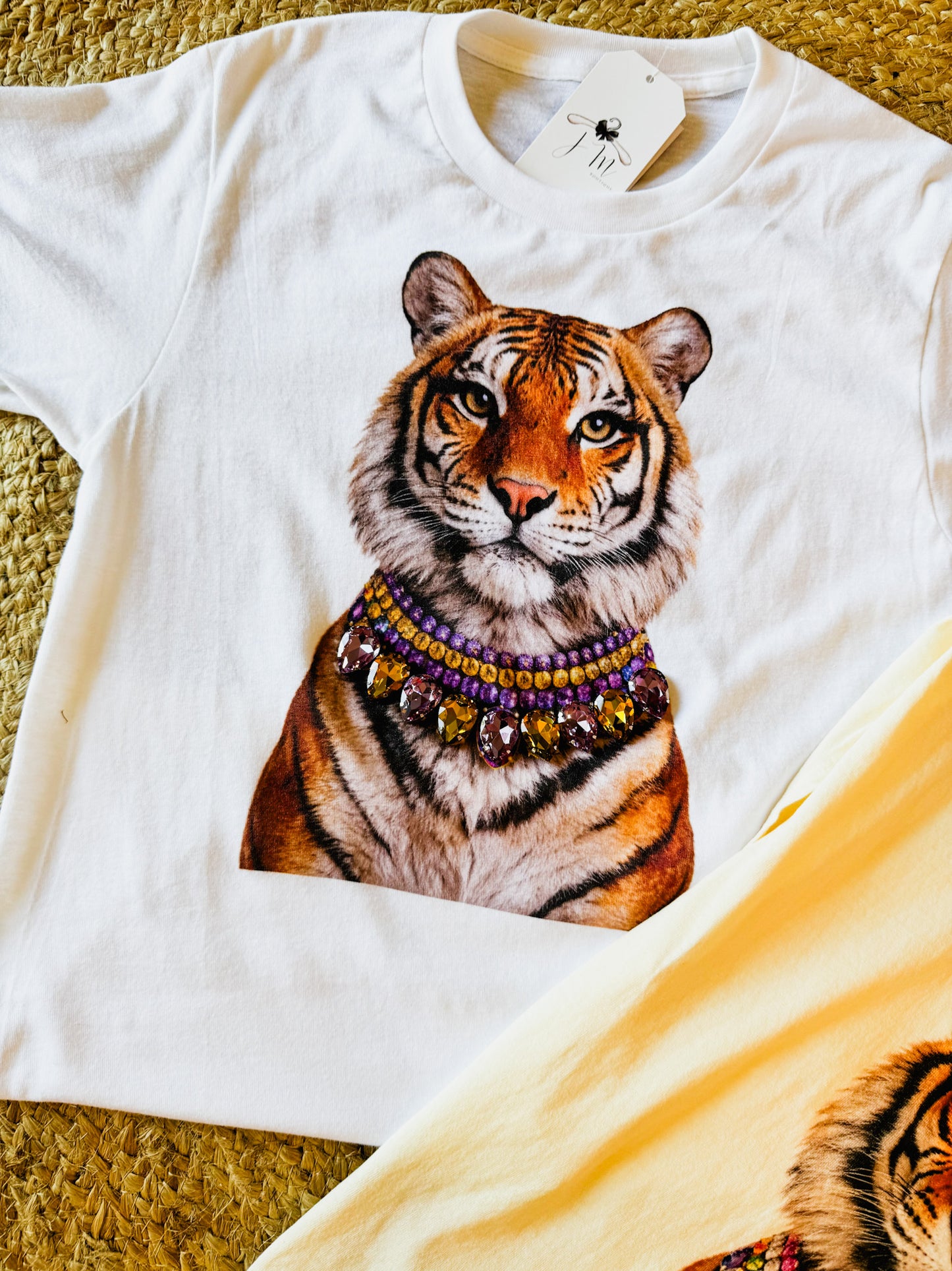 Jeweled Purple & Gold Collar Tiger Tee - White
