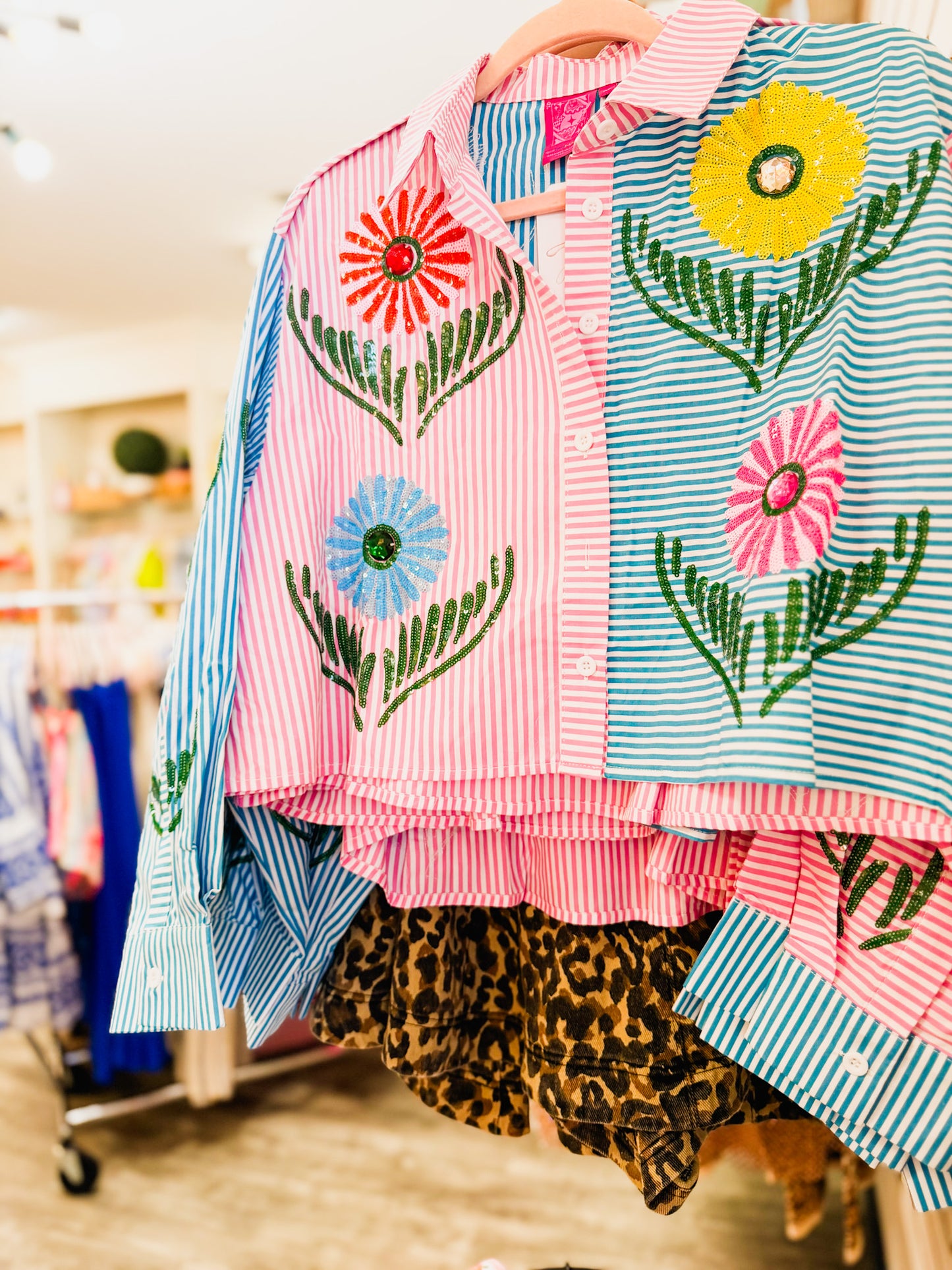 Queen Of Sparkles Pink & Blue Striped Cinco Flowers Button Up Collar Top