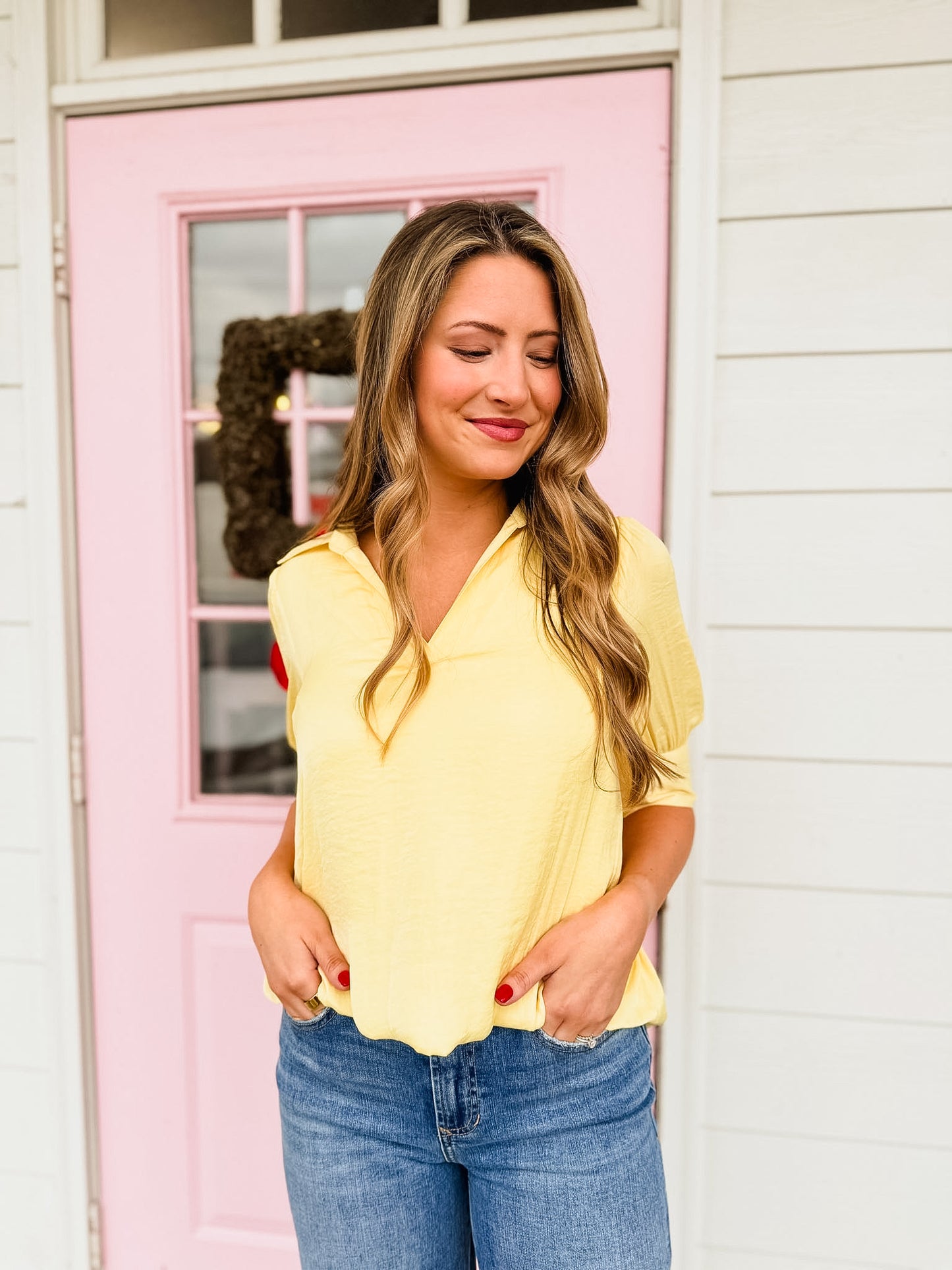 Don't Slip Half Sleeve Hi-lo Bubble Hem Blouse - Pale Banana