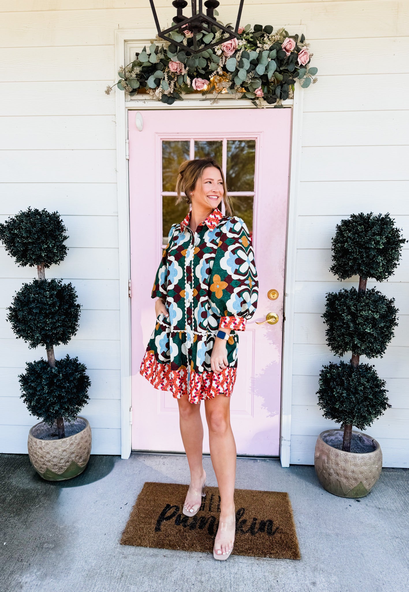 Make A Statement Floral Print Puff Sleeve Dress - Hunter Green