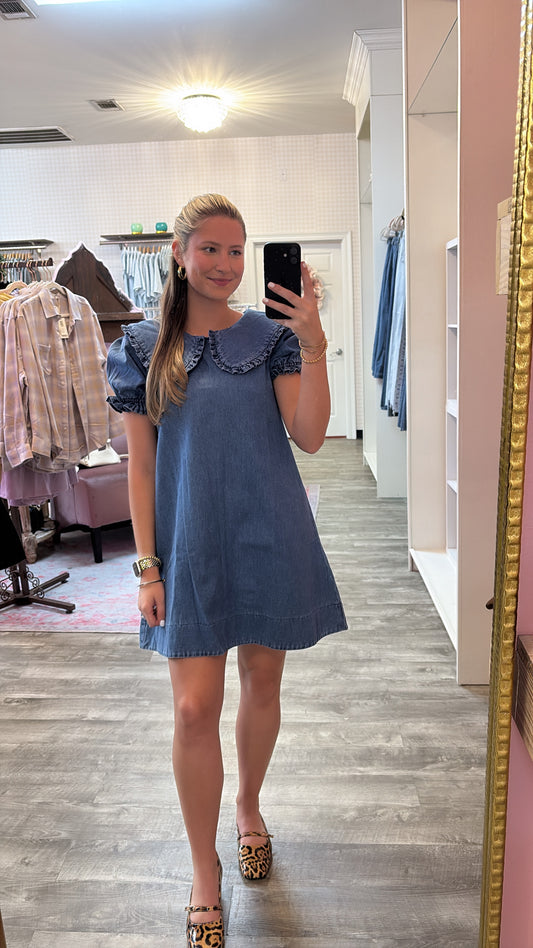 Prim and Proper Mini Dress With Oversized Collar - Denim