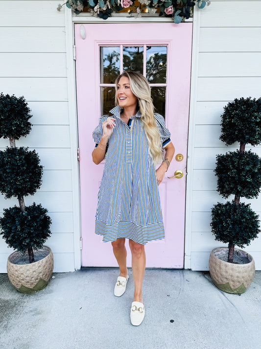 Too Easy Striped Short Puff Sleeve Dress - Navy