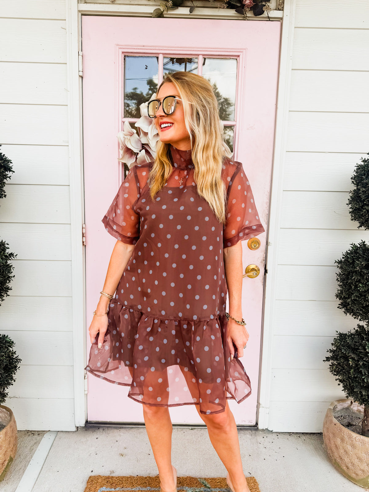 Nice Trade Sheer Overlay Mesh Polka Dot Dress - Brown
