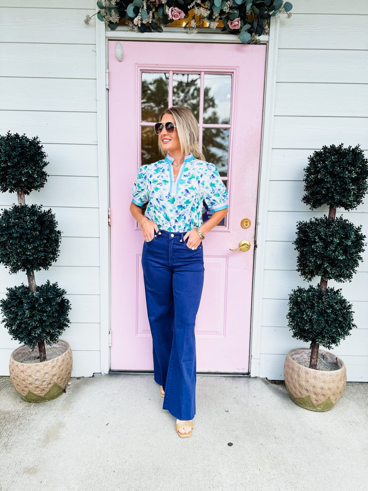 Summer Loving Floral Print V-Neck Puff Sleeve Top - Teal