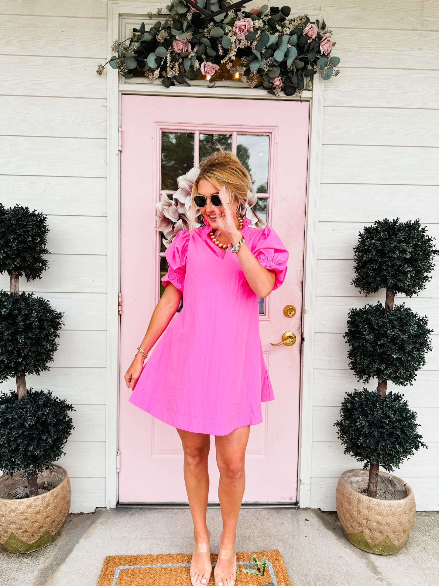 Sweet Thing Ruffle V-Neck Puff Sleeve Dress - Hot Pink