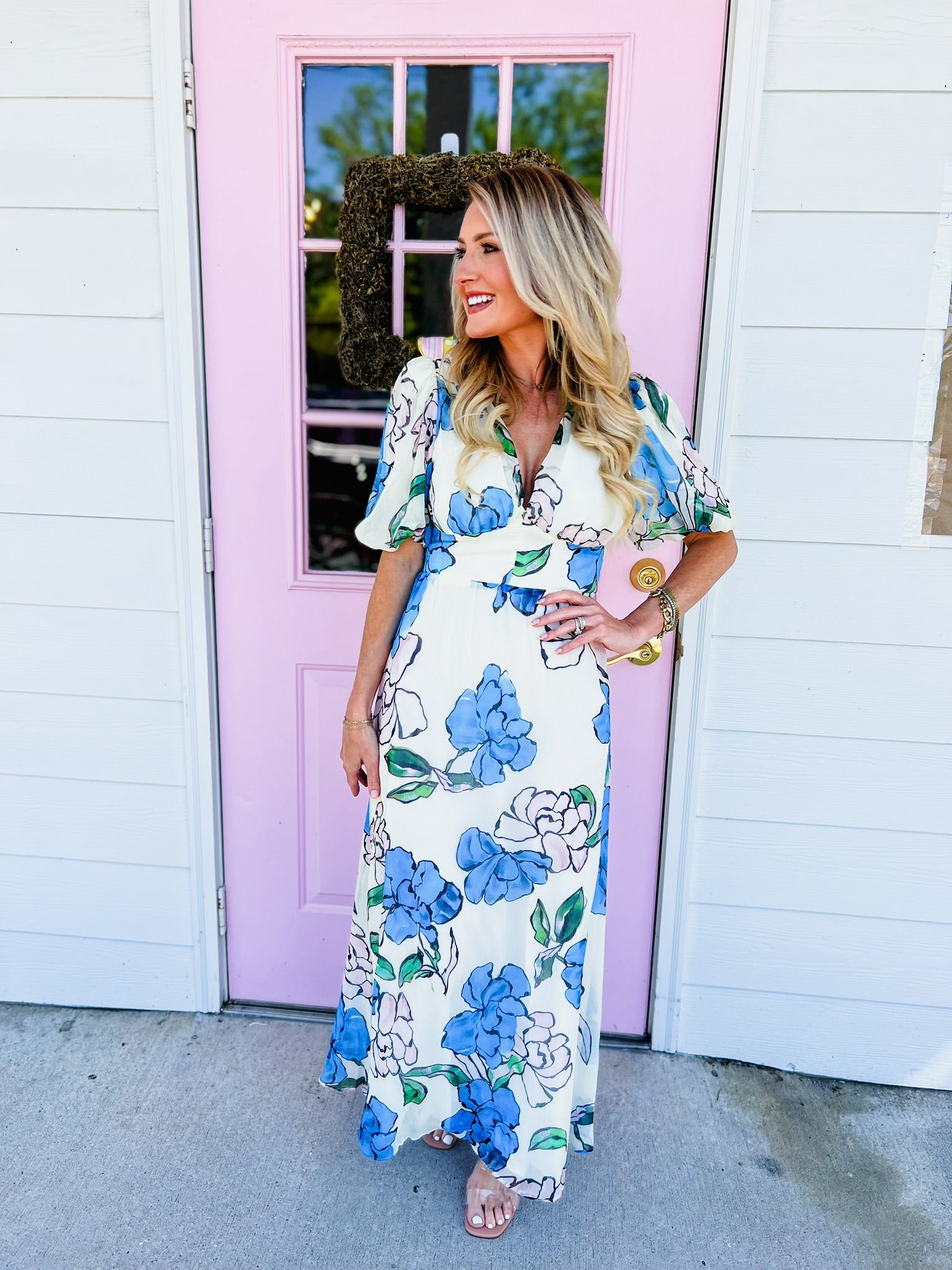 Blue Beauty Pastel Floral Print Maxi Dress - White