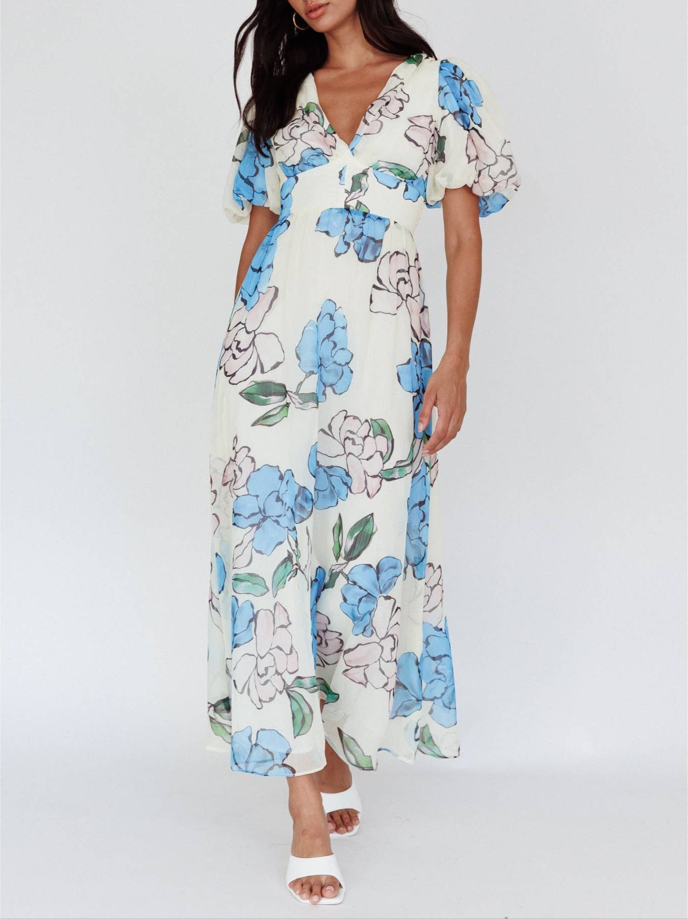 Blue Beauty Pastel Floral Print Maxi Dress - White