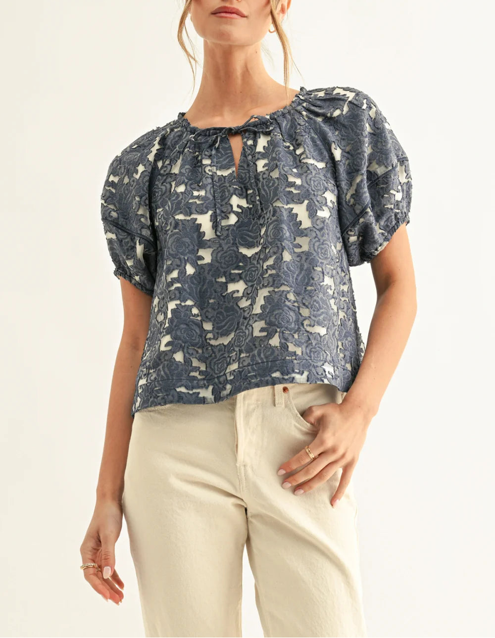 Briana Jacquard Chambray Lantern Sleeves Blouse - Denim Blue