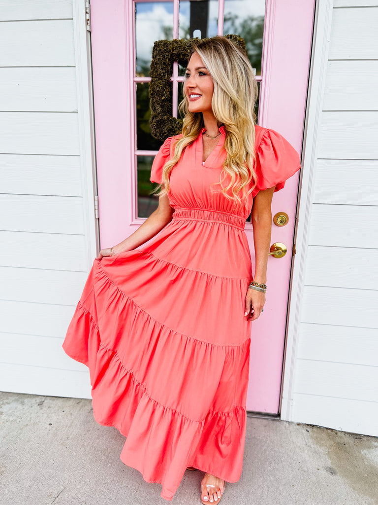 Butterfly Kisses V-Neck Tiered Midi Dress - Coral Peach