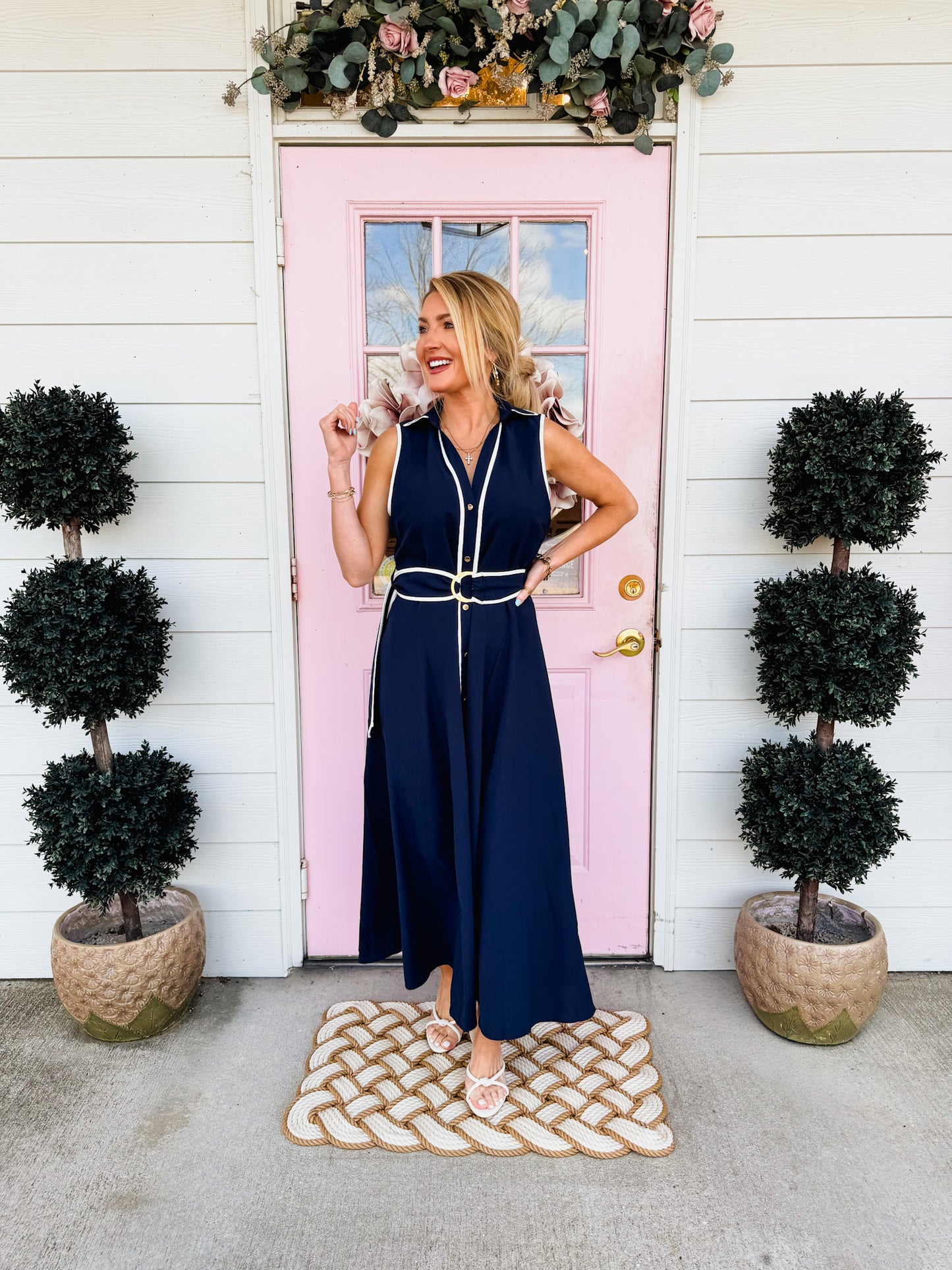 Model Behavior Sleeveless Contrast Midi Dress - Navy