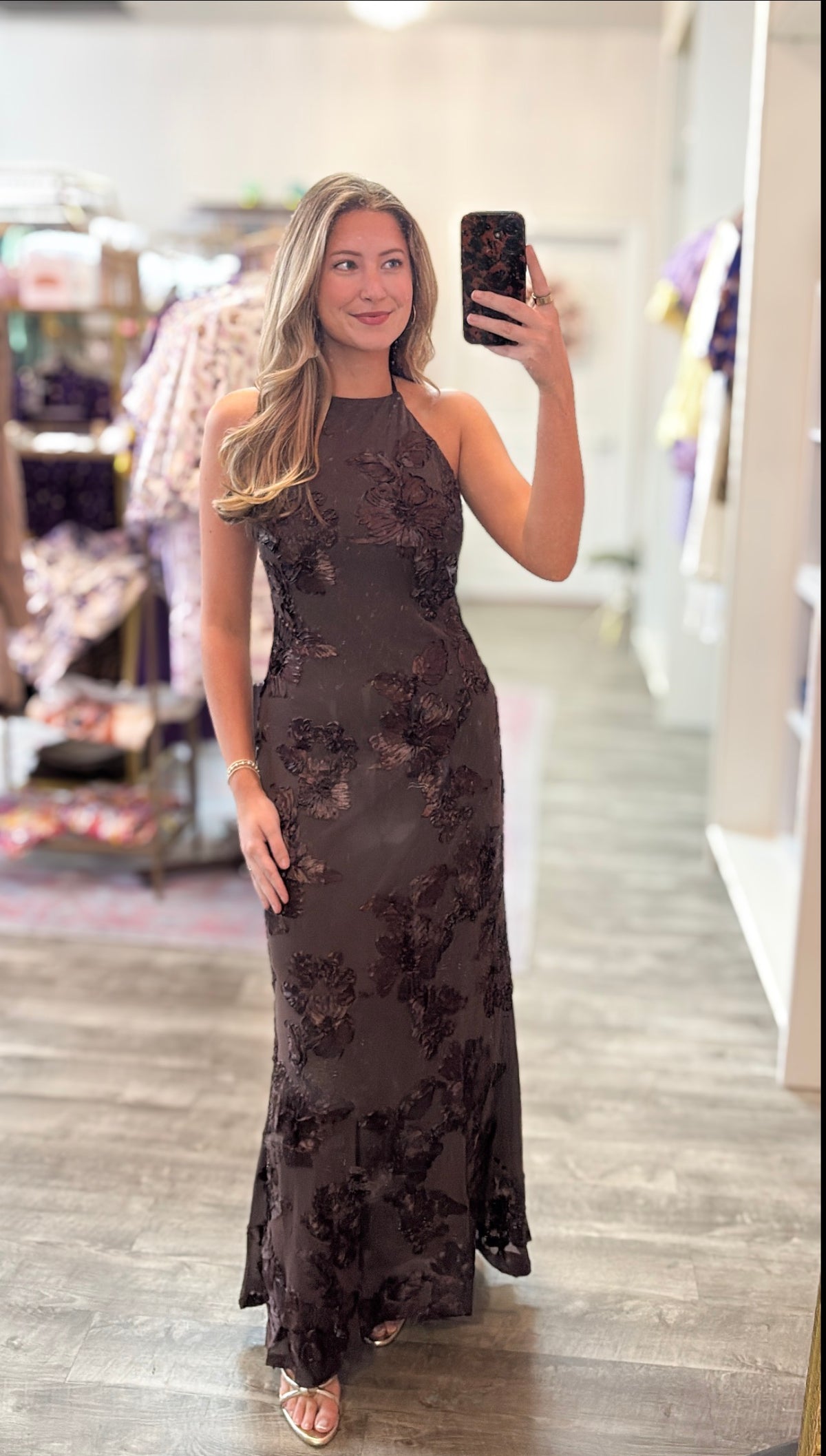 Shining Star 3d Floral Mesh Halter Open-back Maxi Dress - Chocolate Brown