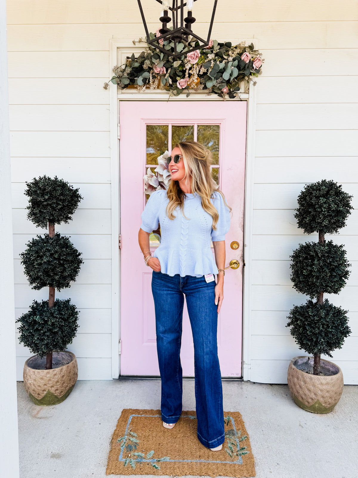Ghost Town Flared Puff Sleeve Knit Top - Chambray