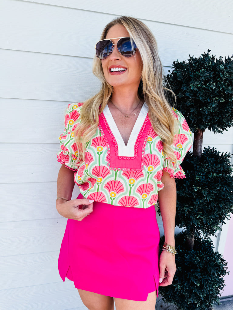 Under The Sea Scallop Trim Puff Sleeve Top - Coral