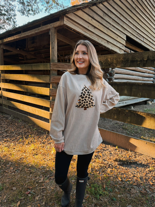 Fuzzy Leopard Christmas Tree Ribbed Sweatshirt - Sand