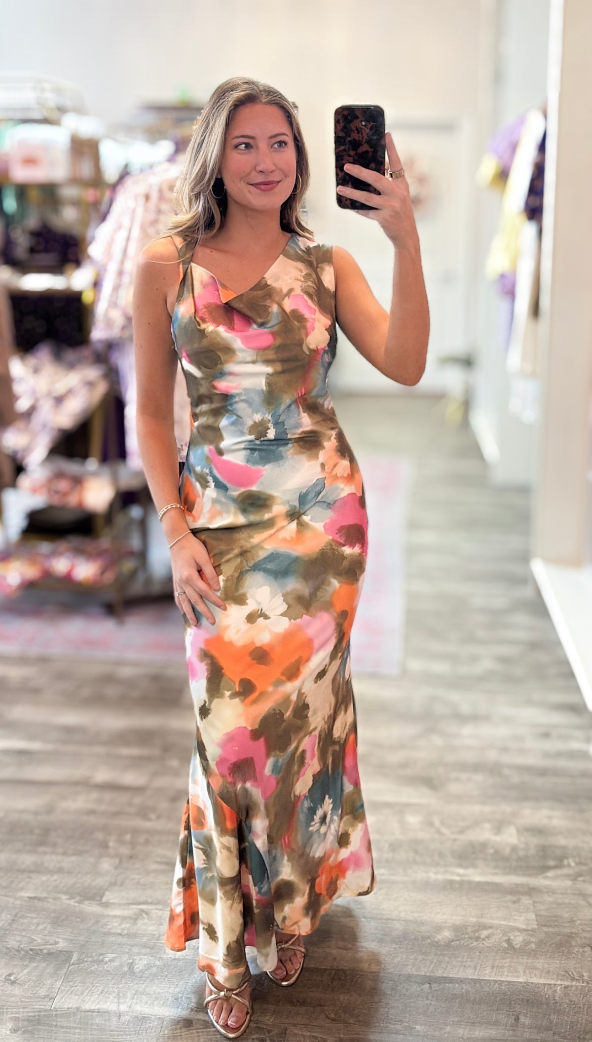 Uptown Floral Cowl Neck Maxi Dress - Olive Combo
