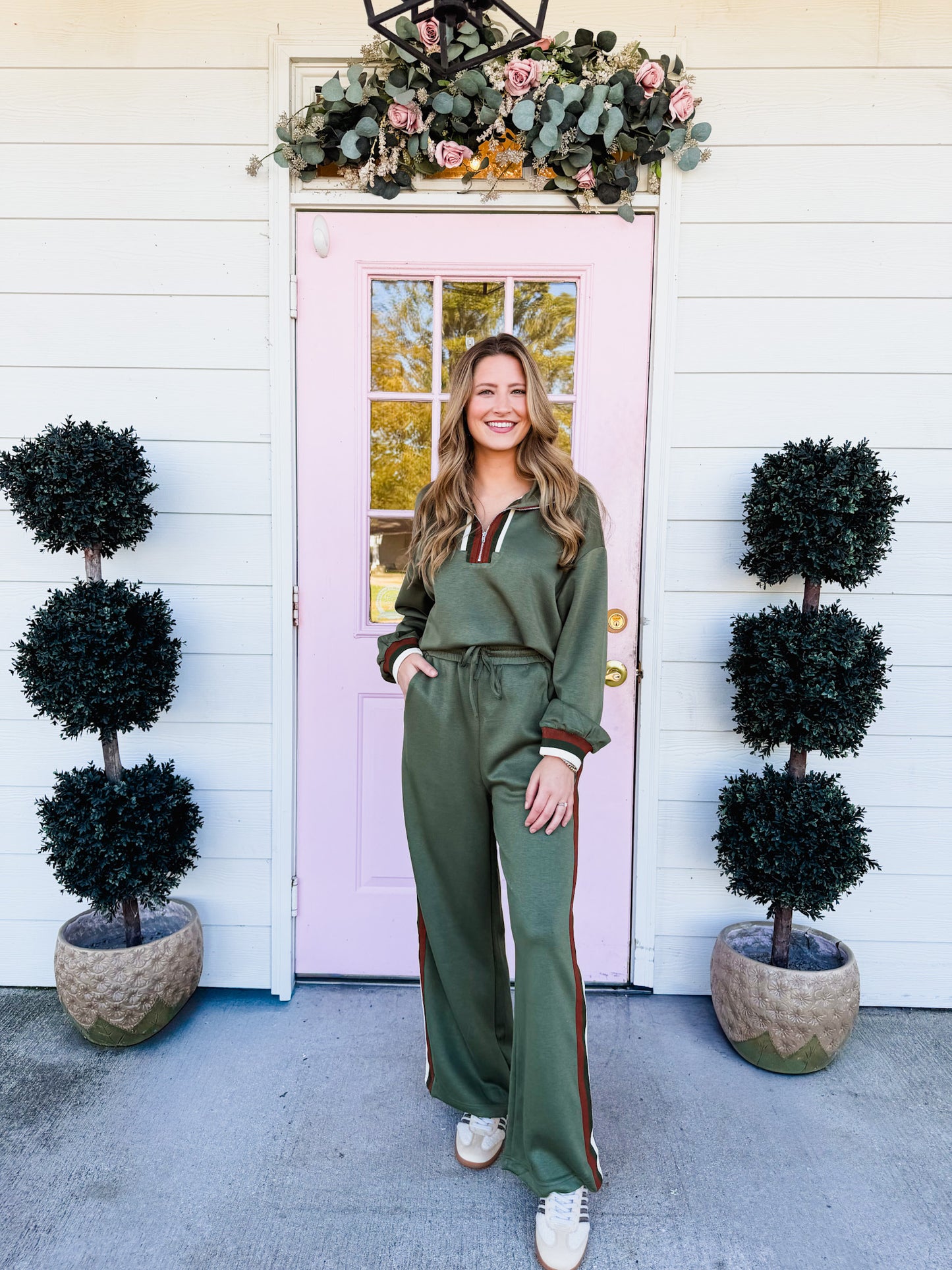 First Place Striped Trim Front Zip Sweatshirt - Olive