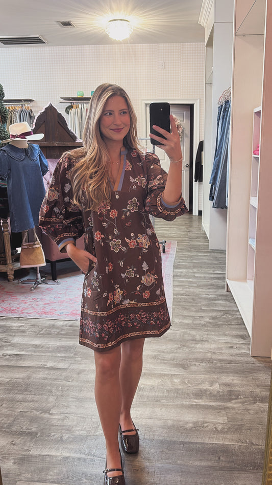 Botanical Garden Puff Sleeve Dress - Brown