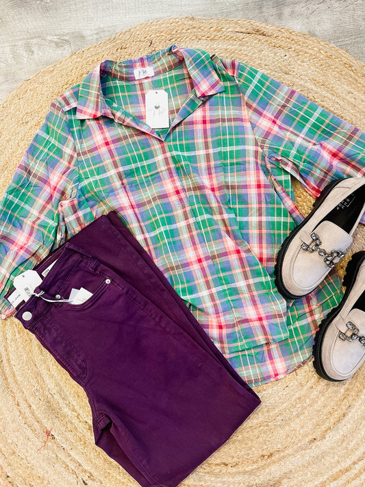 Keeping You Guessing Plaid V-Neck Top