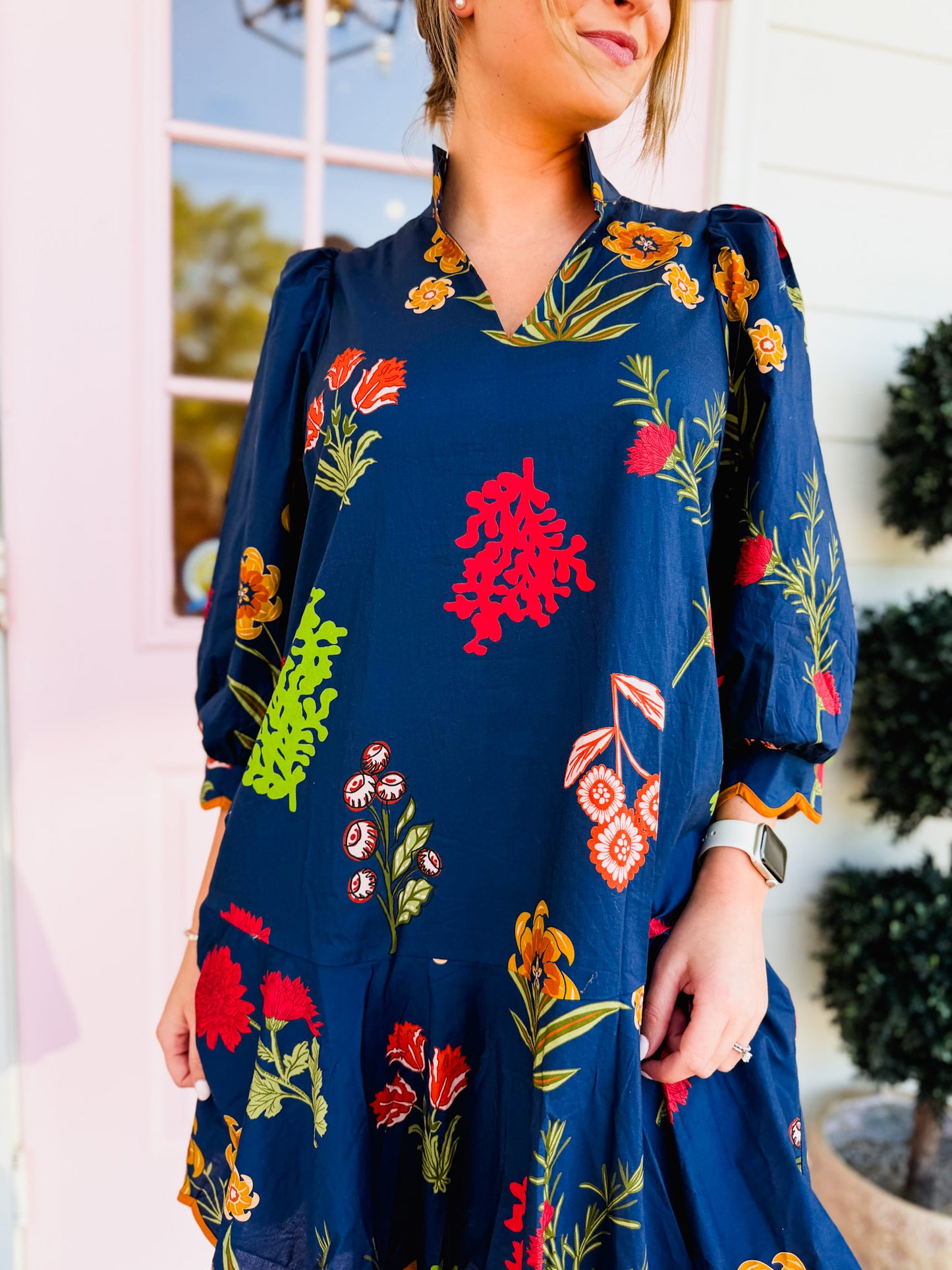 Work For It Floral Print Scallop Hem Dress - Navy