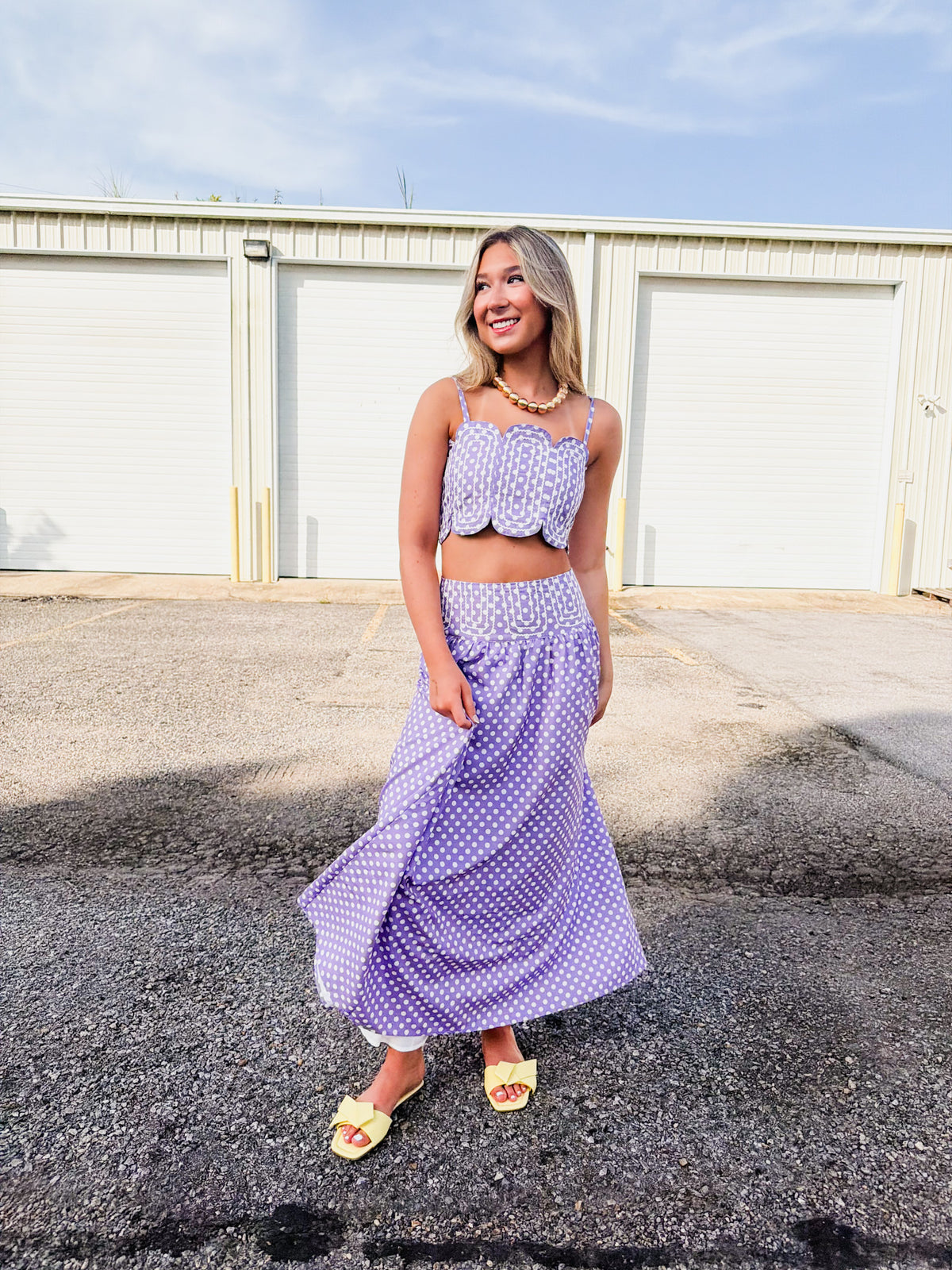 The Moment Trim Applique Polka Dot Maxi Skirt - Purple/White