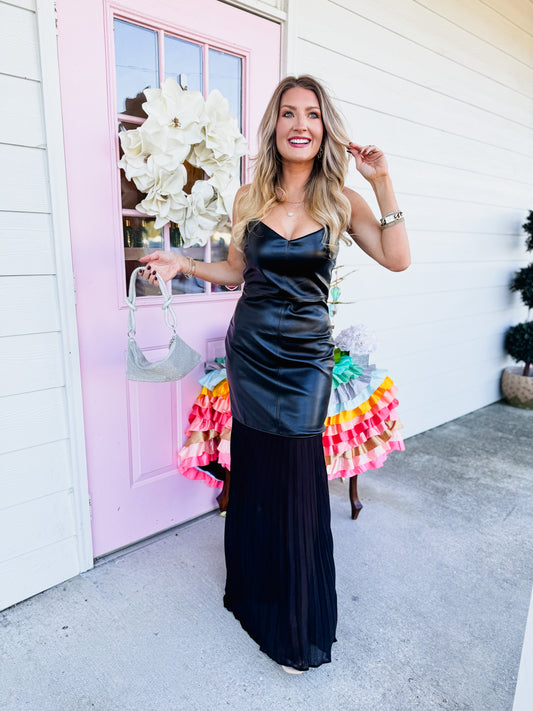 Fete Vegan Leather Pleated Skirt Maxi Dress - Black