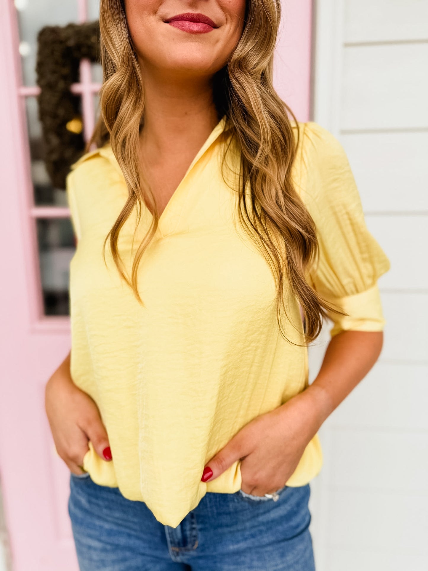Don't Slip Half Sleeve Hi-lo Bubble Hem Blouse - Pale Banana
