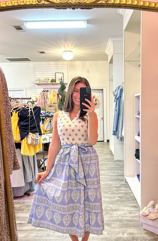 Cutie Little Miss Mixed Print Waist Tie Sleeveless Midi Dress - Slate Blue