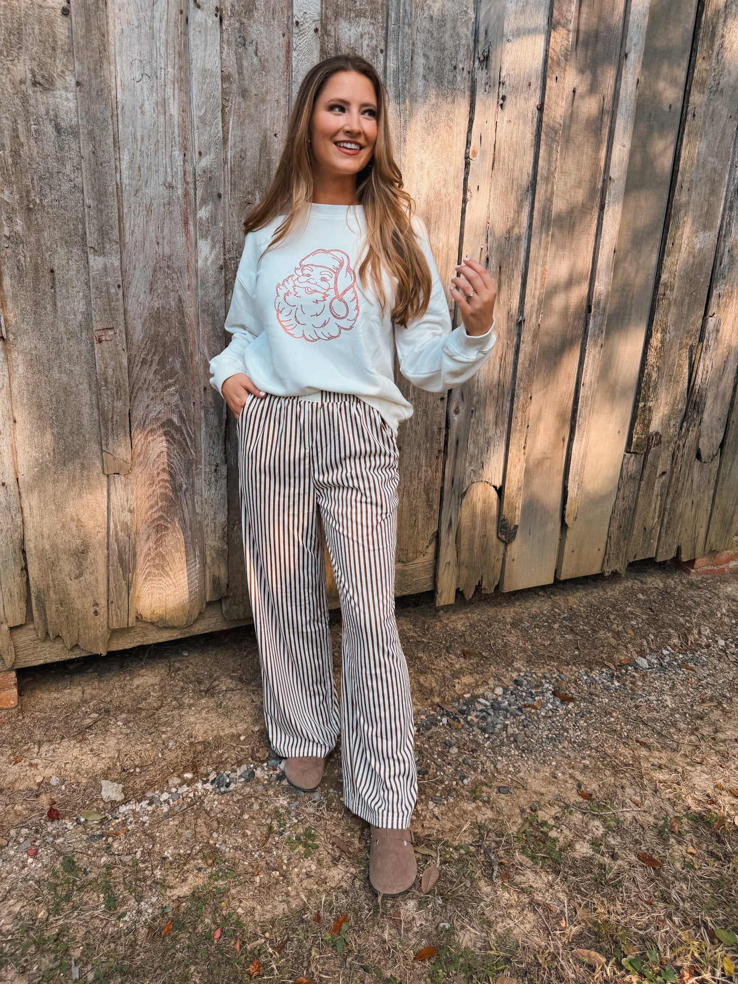 Striped Elastic High Waist Pants - Brown