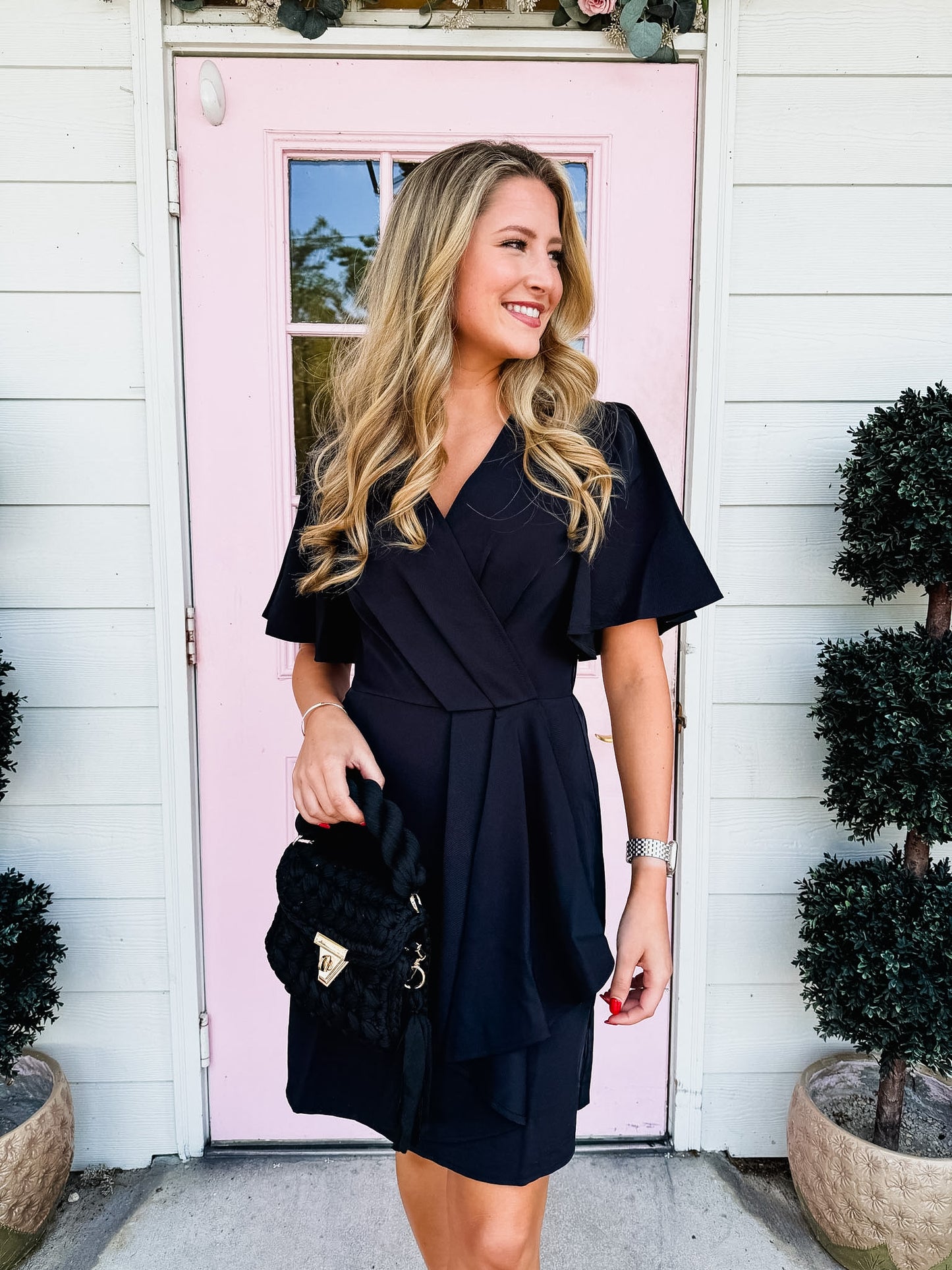 Don't Be A Diva Short Sleeve Ruffled Wrap Dress - Black