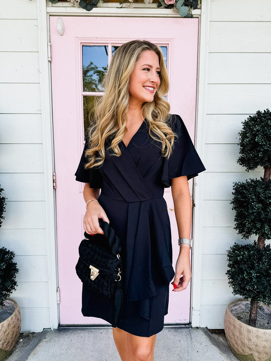 Don't Be A Diva Short Sleeve Ruffled Wrap Dress - Black
