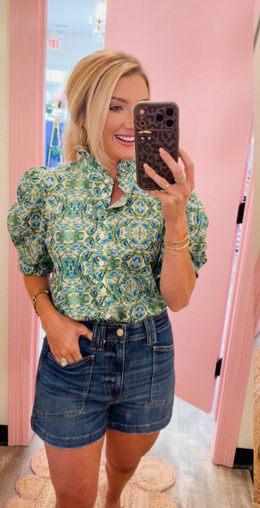 Home Grown Puff Short Sleeve Ruffle Neck Button Down Top - Green Multi