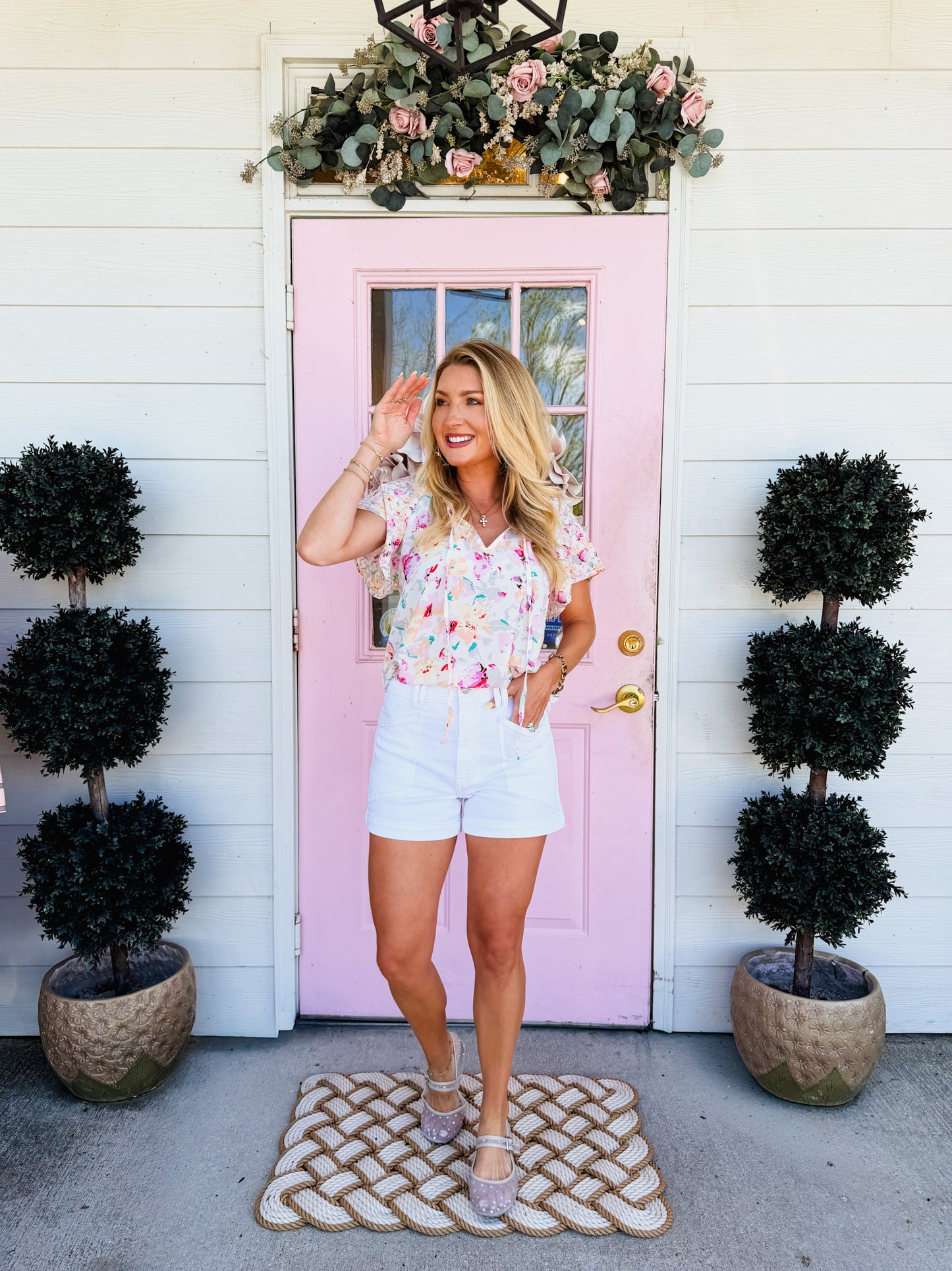 Be Real V-neck Short Sleeve Fantasy Fluttering Top - Pink